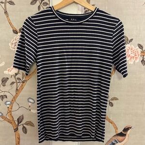 A.P.C. navy and white stripped ribbed tee, medium